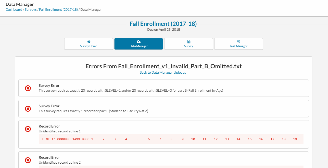 View Records screen showing several errors regarding the validation failing due to incorrect numbers of records in a section, and an unidentified record found, with the line details shown underneath.